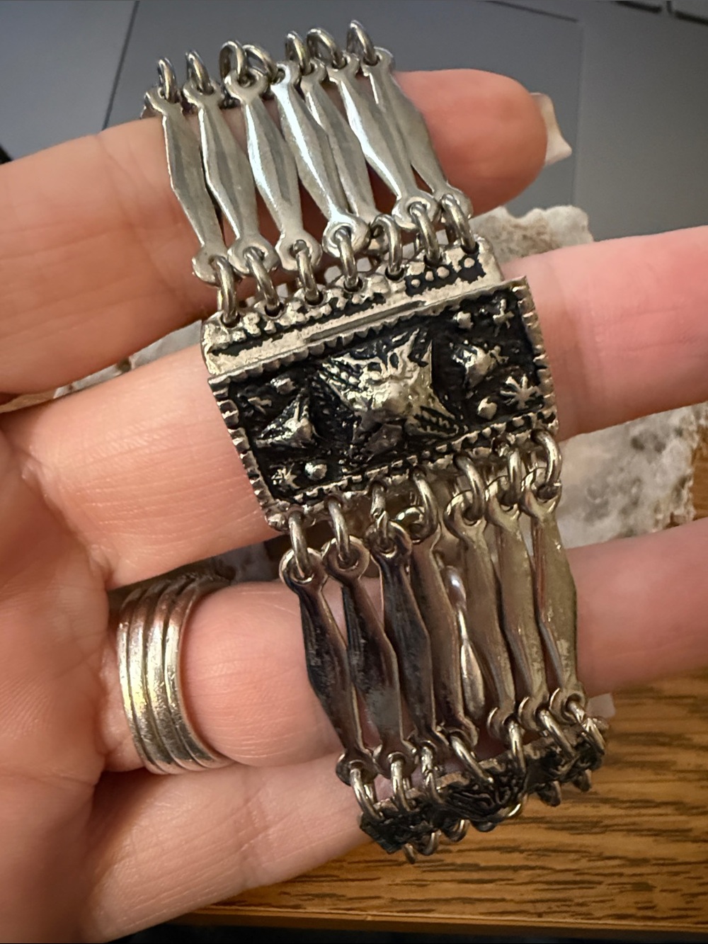 Mexico Art Deco Wide Panel Link Bracelet Signed Bohemian